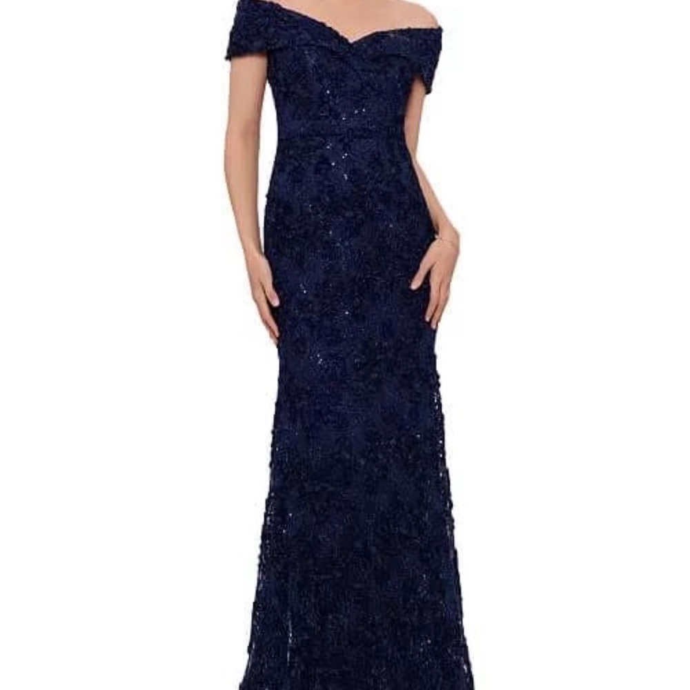 Xscape Navy “Jill” Off-Shoulder Lace Evening Gown, Size 8P